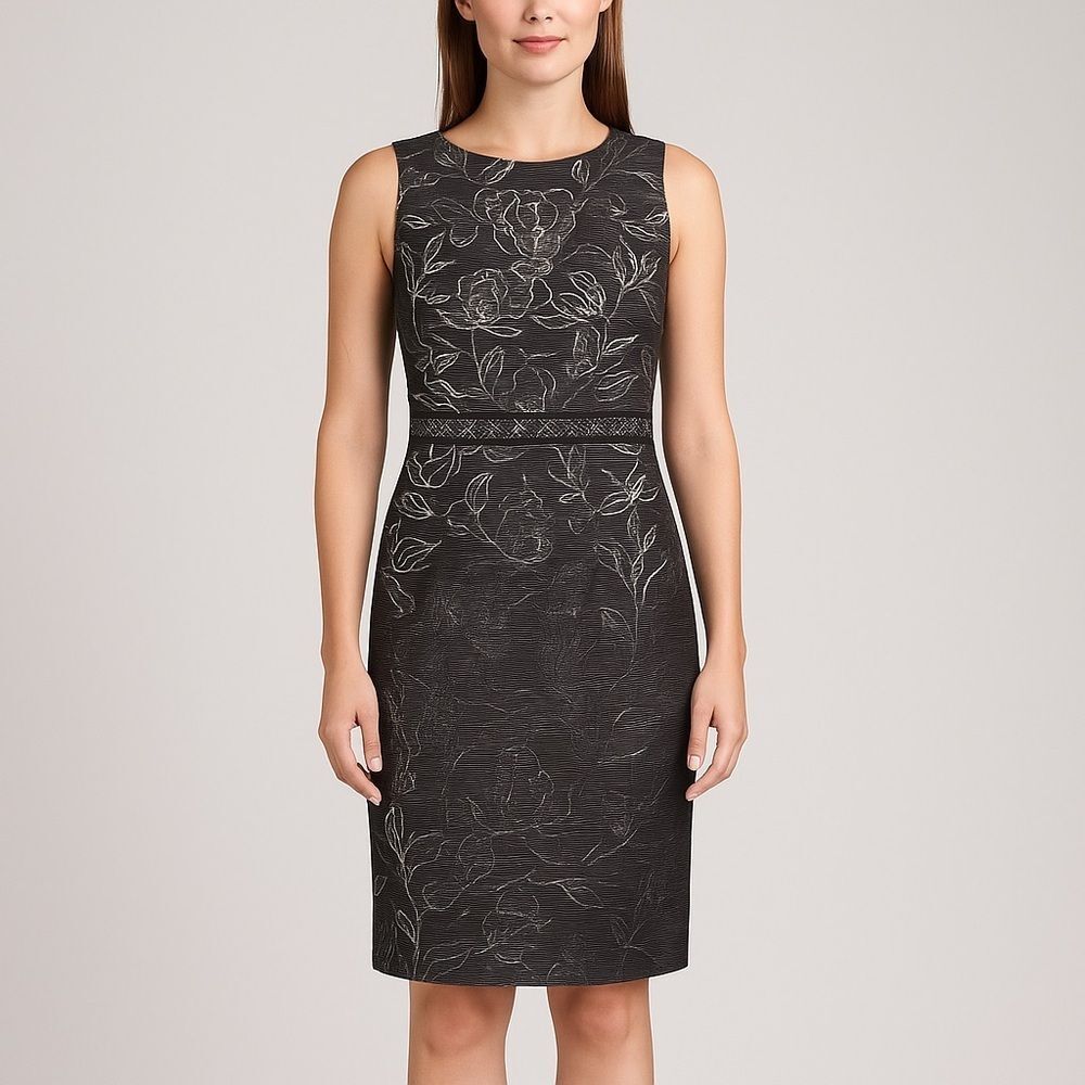 Nipon Sheath Flower Sleeveless Sheath Summer Dress Silver Grey Small 2